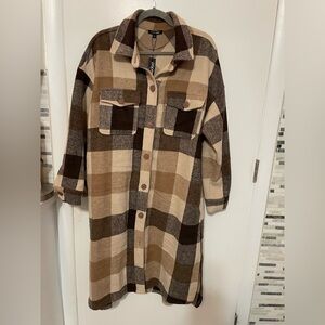 Papermoon button down heavyweight brown beige plaid knee length Shacket M NEW